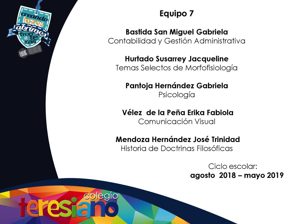 Equipo 7 Bastida San Miguel Gabriela Contabilidad y Gestión Administrativa Hurtado Susarrey Jacqueline Temas Selectos de Morfofisiología Pantoja Hernández Gabriela Psicología Vélez de la Peña Erika Fabiola Comunicación Visual Mendoza Hernández José Trinidad Historia de Doctrinas Filosóficas Ciclo escolar: agosto 2018 – mayo 2019