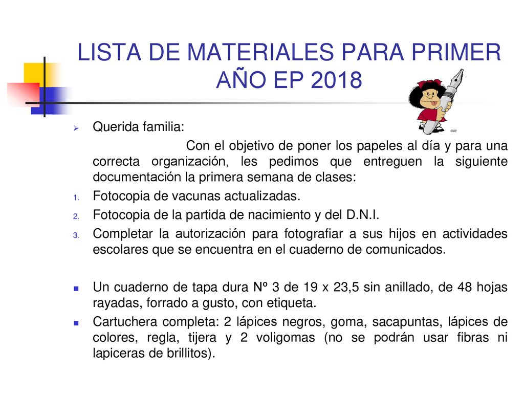 LISTA DE MATERIALES PARA PRIMER AÑO EP 2018