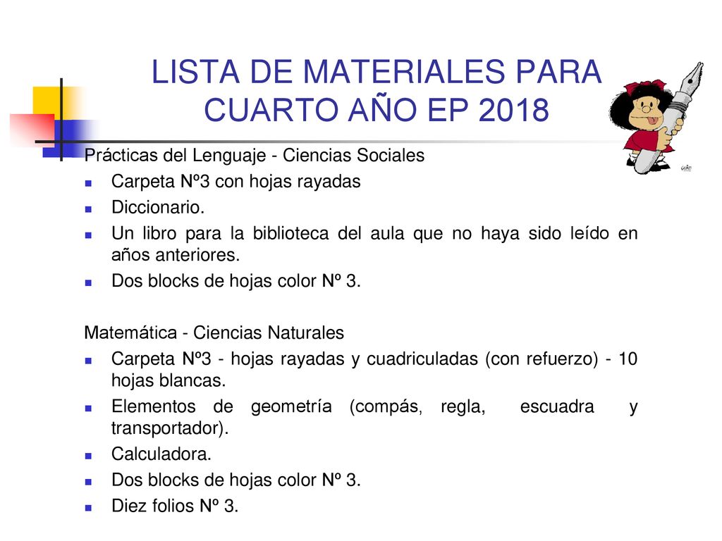 LISTA DE MATERIALES PARA CUARTO AÑO EP 2018