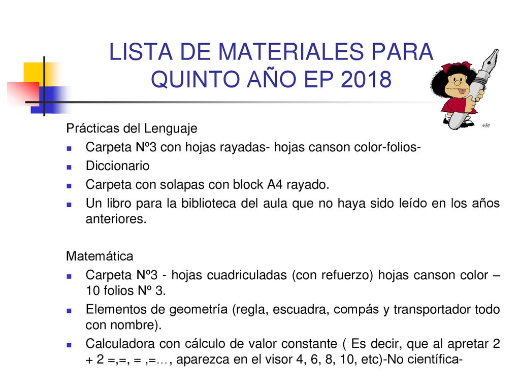 LISTA DE MATERIALES PARA QUINTO AÑO EP 2018