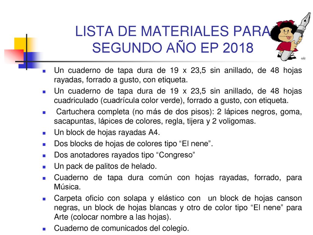 LISTA DE MATERIALES PARA SEGUNDO AÑO EP 2018
