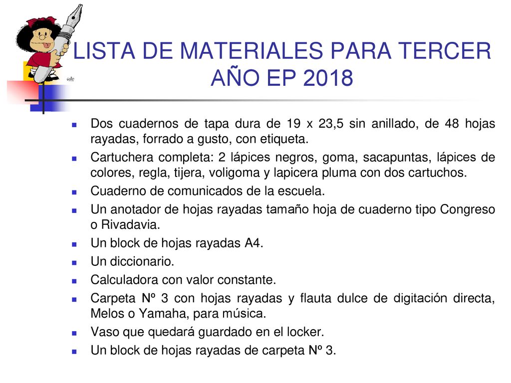LISTA DE MATERIALES PARA TERCER AÑO EP 2018