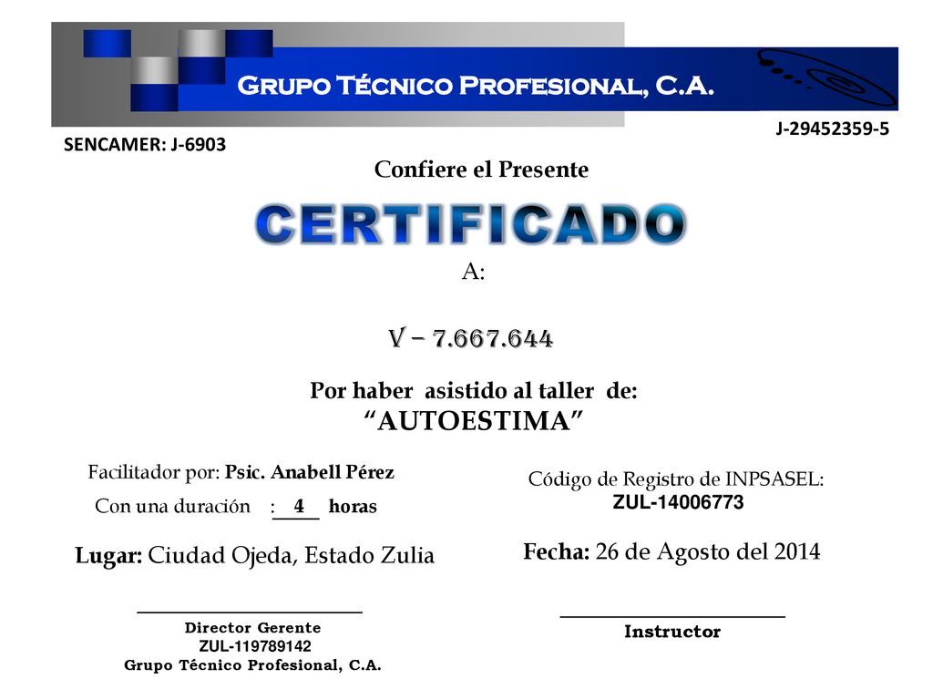 Por haber asistido al taller de: Grupo Técnico Profesional, C.A.