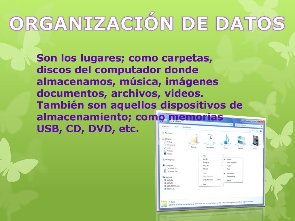 ORGANIZACIÓN DE DATOS Son los lugares; como carpetas, discos del computador donde almacenamos, música, imágenes documentos, archivos, videos.