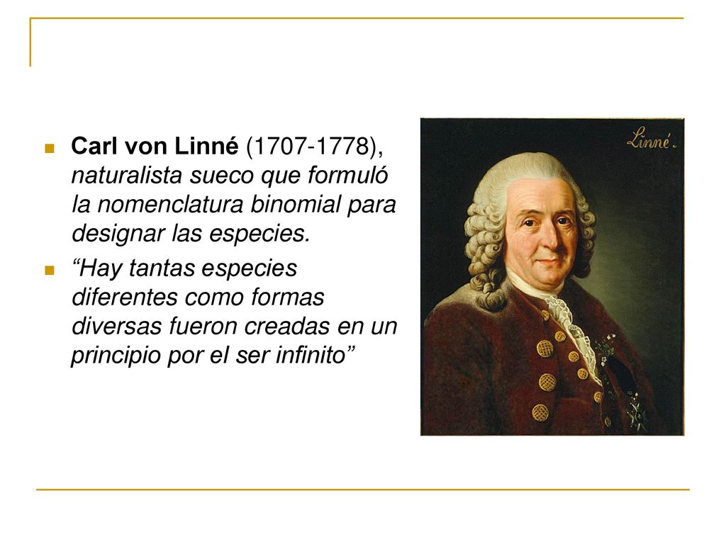 Carl von Linné ( ), naturalista sueco que formuló la nomenclatura binomial para designar las especies.
