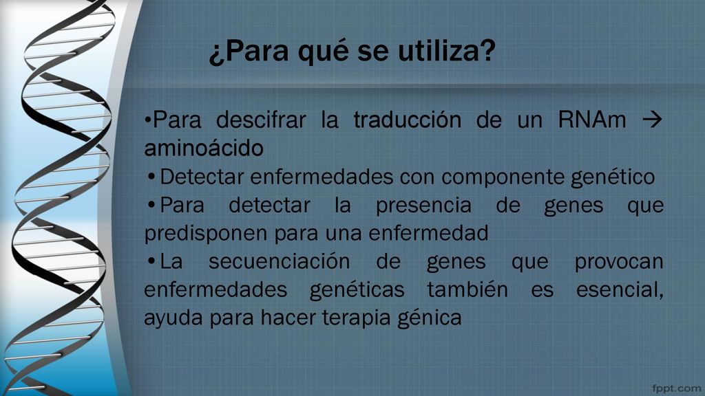 ¿Para qué se utiliza Para descifrar la traducción de un RNAm  aminoácido. Detectar enfermedades con componente genético.
