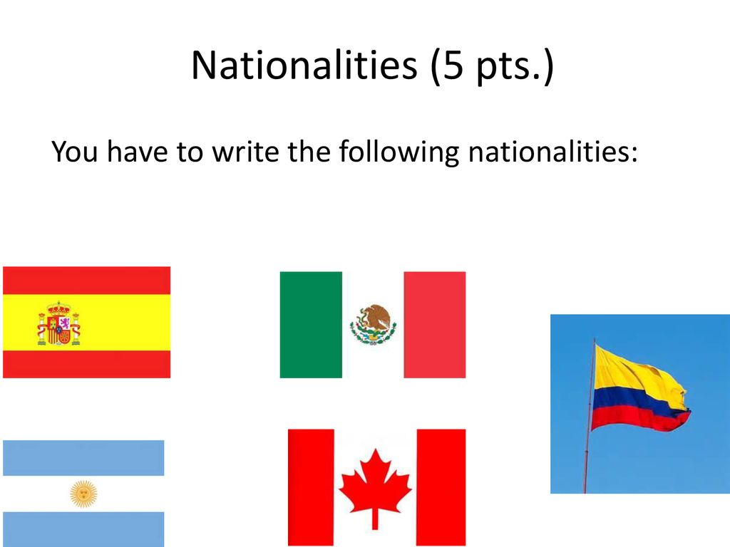 Nationalities (5 pts.) You have to write the following nationalities: