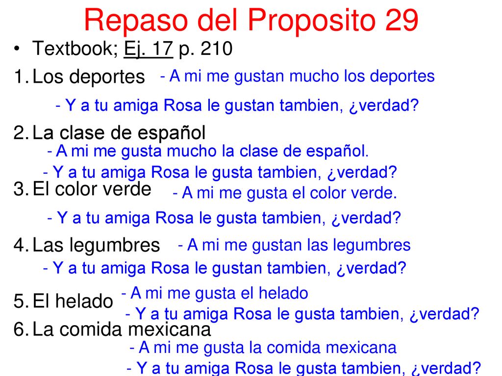 Repaso del Proposito 29 Textbook; Ej. 17 p. 210 Los deportes