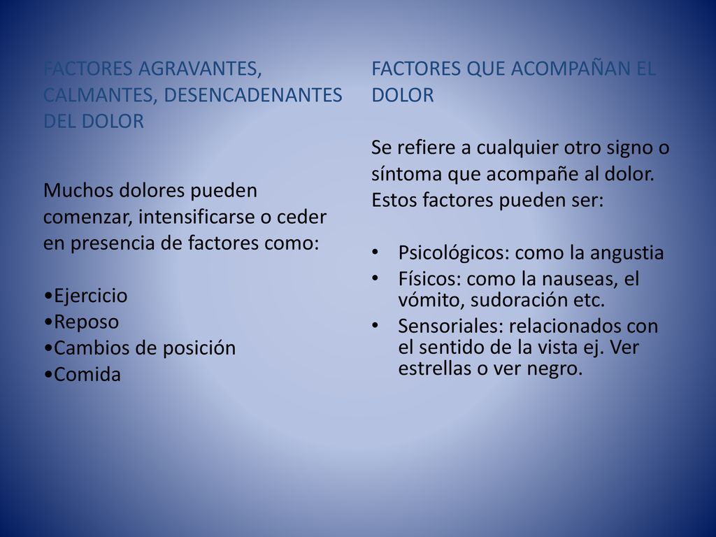 FACTORES AGRAVANTES, CALMANTES, DESENCADENANTES. DEL DOLOR. Muchos dolores pueden. comenzar, intensificarse o ceder.