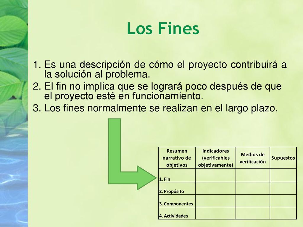 Los Fines Es una descripción de cómo el proyecto contribuirá a la solución al problema.
