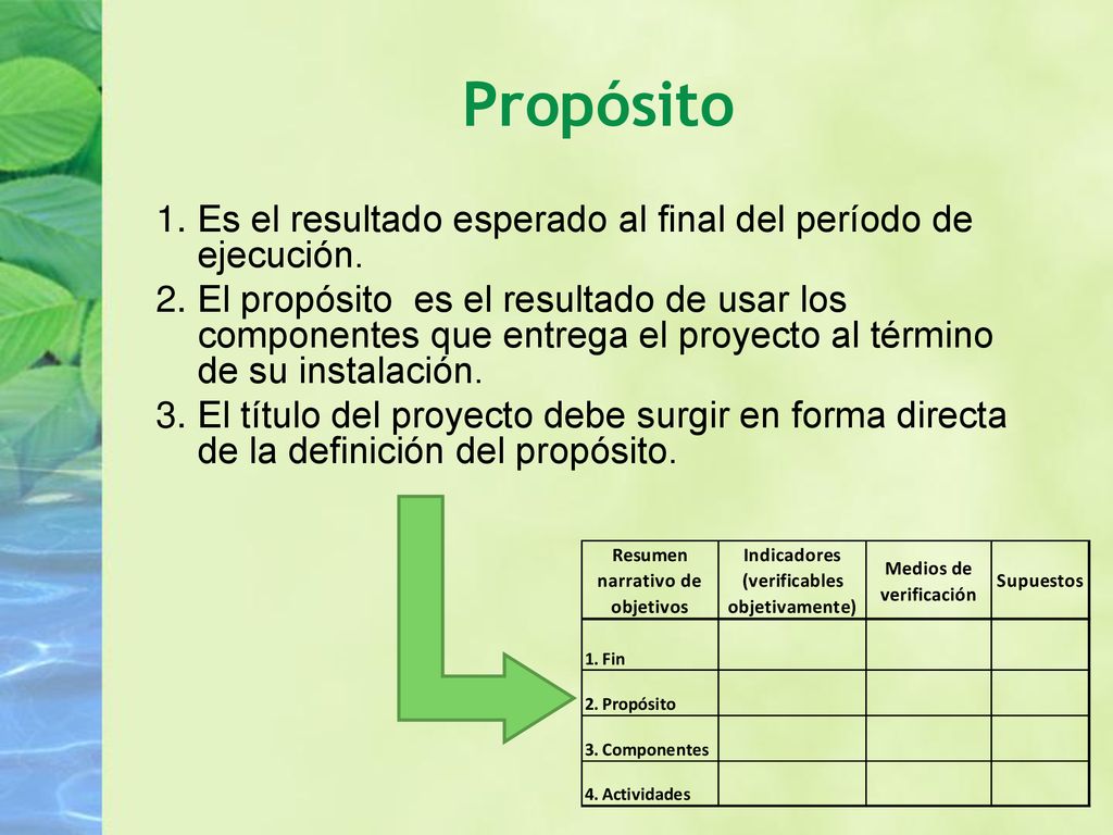 Propósito Es el resultado esperado al final del período de ejecución.