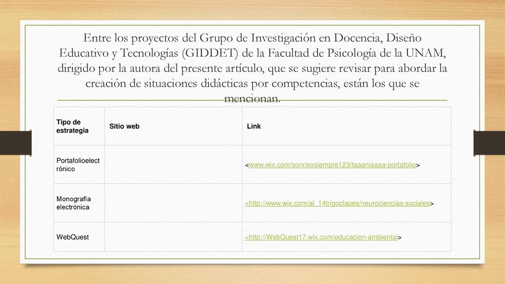 Entre los proyectos del Grupo de Investigación en Docencia, Diseño Educativo y Tecnologías (GIDDET) de la Facultad de Psicología de la UNAM, dirigido por la autora del presente artículo, que se sugiere revisar para abordar la creación de situaciones didácticas por competencias, están los que se mencionan.