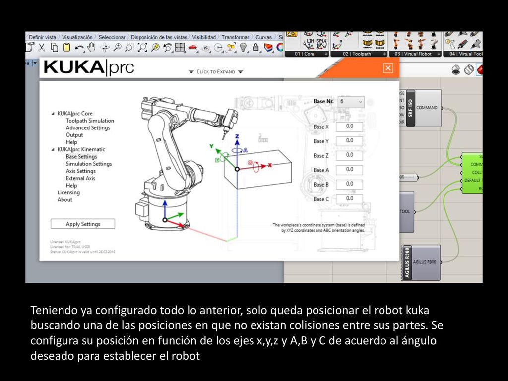 Teniendo ya configurado todo lo anterior, solo queda posicionar el robot kuka buscando una de las posiciones en que no existan colisiones entre sus partes.