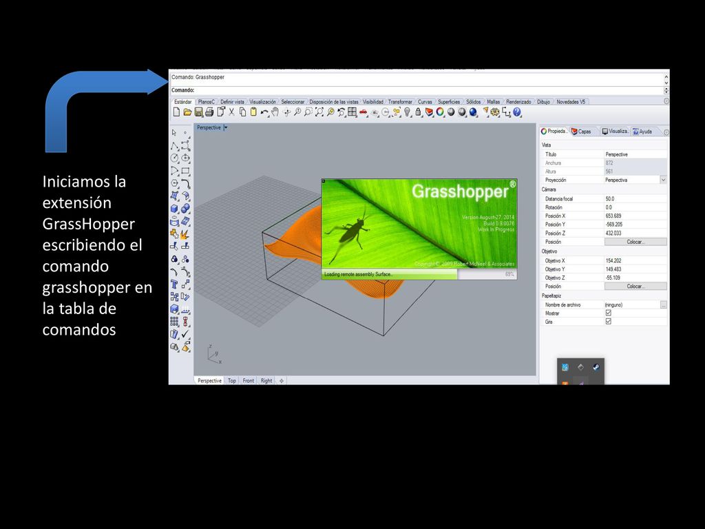 Iniciamos la extensión GrassHopper escribiendo el comando grasshopper en la tabla de comandos