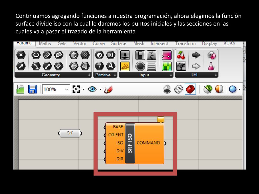 Continuamos agregando funciones a nuestra programación, ahora elegimos la función surface divide iso con la cual le daremos los puntos iniciales y las secciones en las cuales va a pasar el trazado de la herramienta