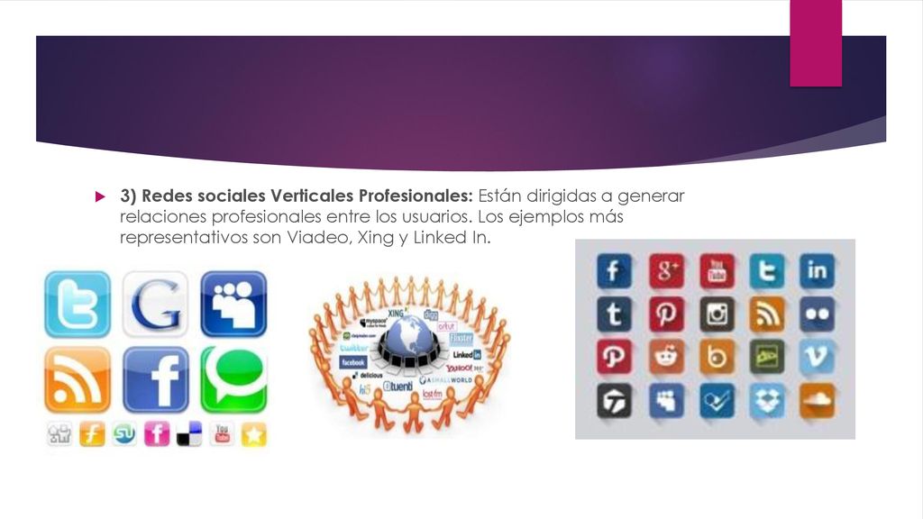 3) Redes sociales Verticales Profesionales: Están dirigidas a generar relaciones profesionales entre los usuarios.