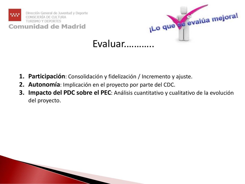 Evaluar.……….. Participación: Consolidación y fidelización / Incremento y ajuste. Autonomía: Implicación en el proyecto por parte del CDC.
