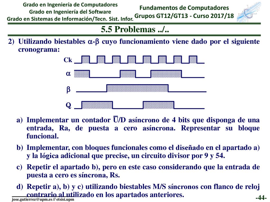 13/09/ Problemas ../.. Utilizando biestables - cuyo funcionamiento viene dado por el siguiente cronograma: