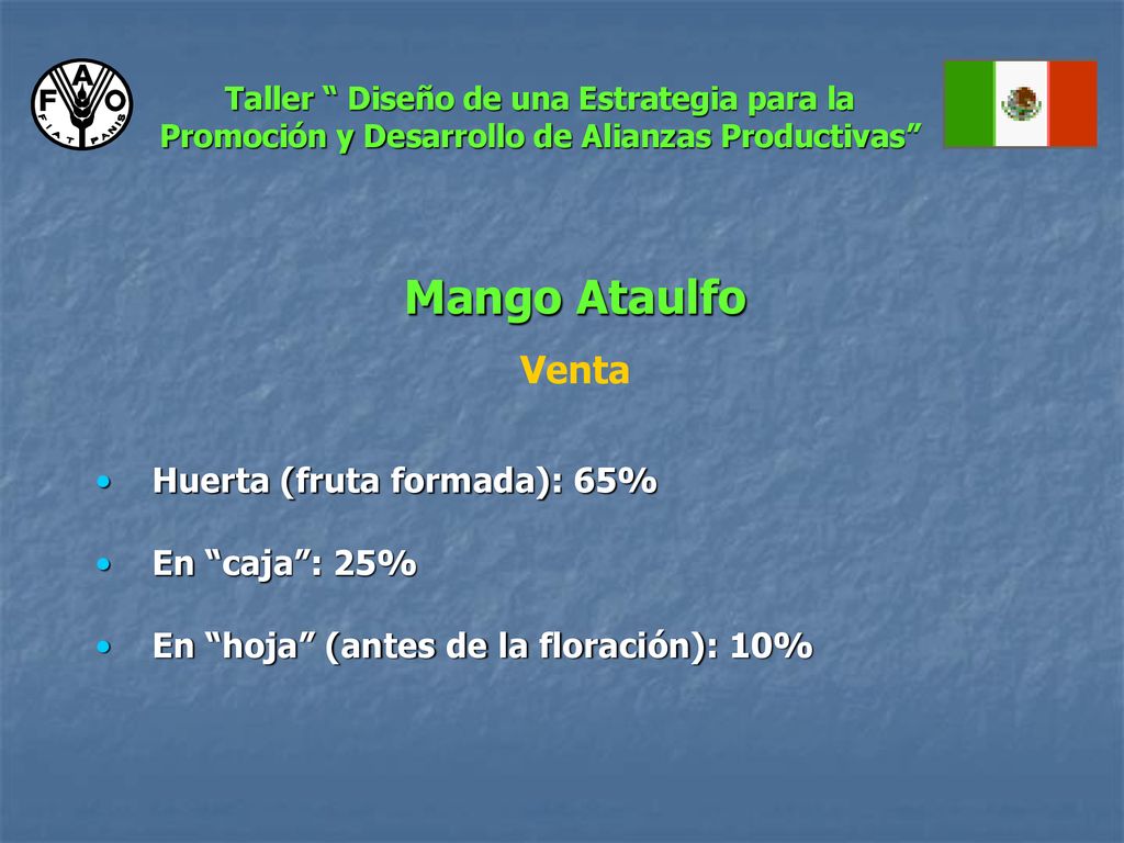 Mango Ataulfo Venta Huerta (fruta formada): 65% En caja : 25%