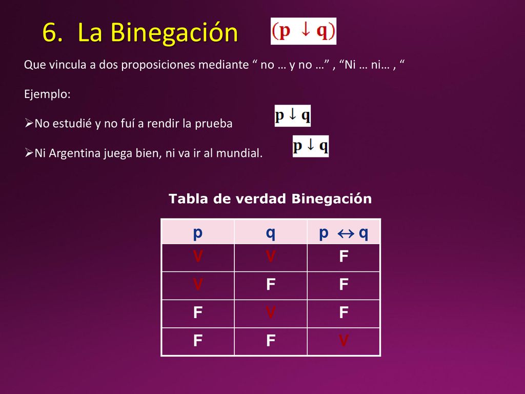 6. La Binegación Que vincula a dos proposiciones mediante no … y no … , Ni … ni… , Ejemplo: