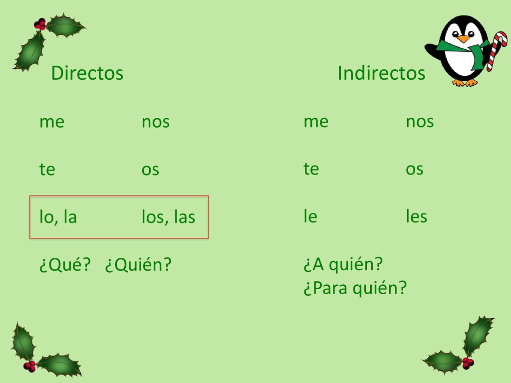 Directos Indirectos me nos me nos te os te os lo, la los, las le les