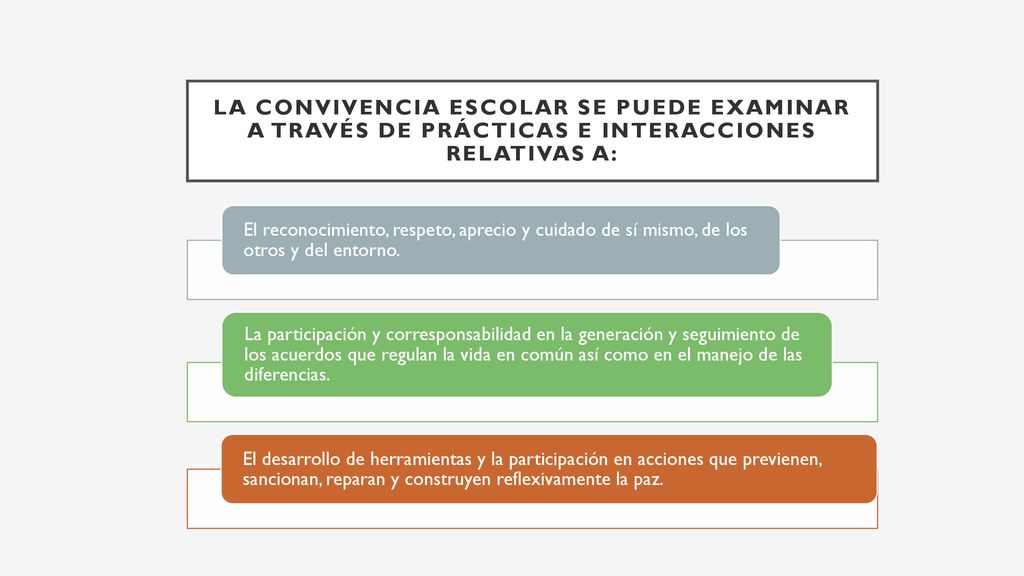 la convivencia escolar se puede examinar a través de prácticas e interacciones relativas a: