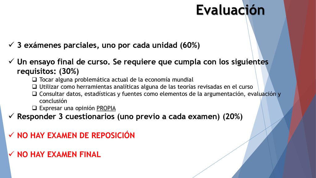 Evaluación 3 exámenes parciales, uno por cada unidad (60%)