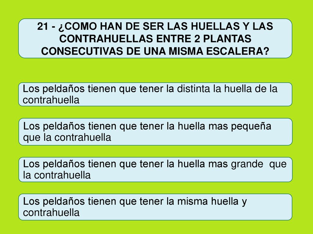 21 - ¿COMO HAN DE SER LAS HUELLAS Y LAS CONTRAHUELLAS ENTRE 2 PLANTAS CONSECUTIVAS DE UNA MISMA ESCALERA
