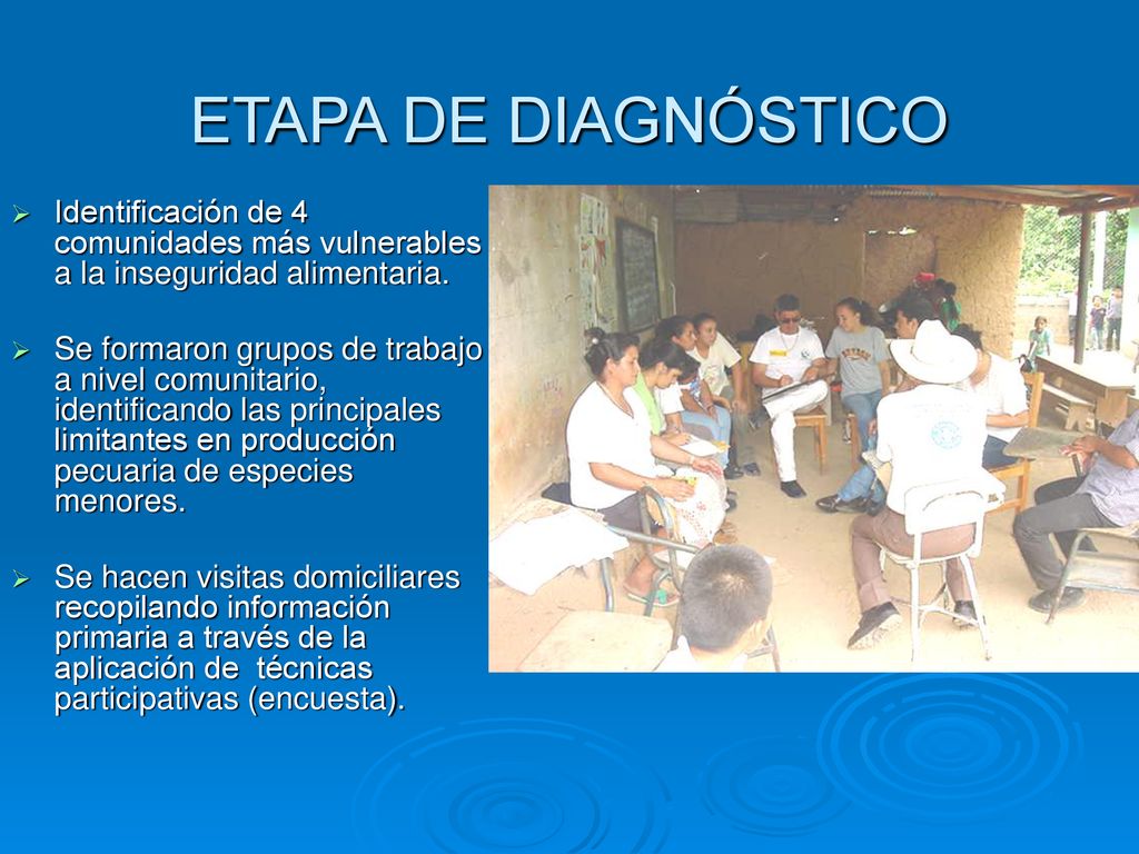 ETAPA DE DIAGNÓSTICO Identificación de 4 comunidades más vulnerables a la inseguridad alimentaria.