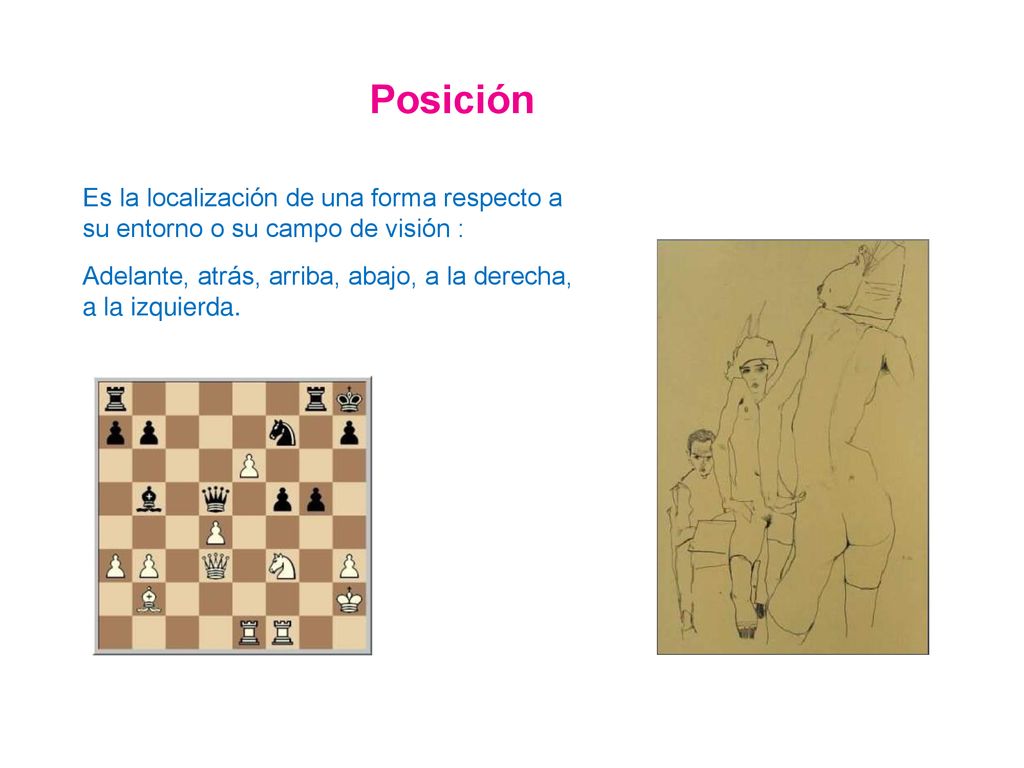 Posición Es la localización de una forma respecto a su entorno o su campo de visión : Adelante, atrás, arriba, abajo, a la derecha, a la izquierda.