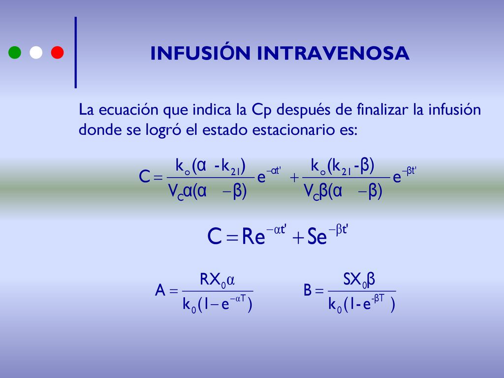 INFUSIÓN INTRAVENOSA La ecuación que indica la Cp después de finalizar la infusión.