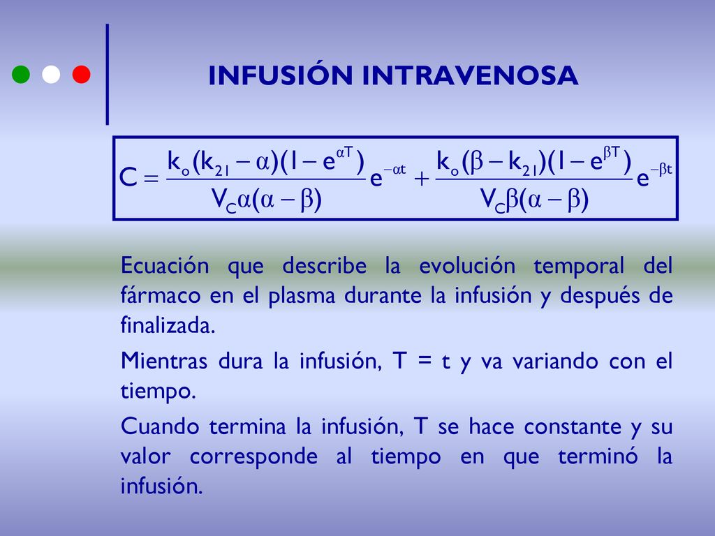 INFUSIÓN INTRAVENOSA Ecuación que describe la evolución temporal del fármaco en el plasma durante la infusión y después de finalizada.