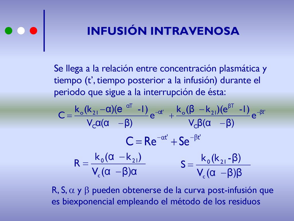INFUSIÓN INTRAVENOSA Se llega a la relación entre concentración plasmática y. tiempo (t’, tiempo posterior a la infusión) durante el.