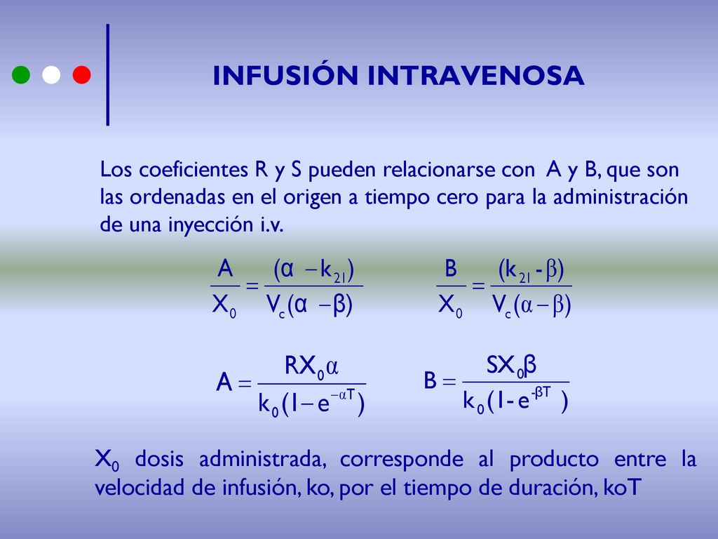 INFUSIÓN INTRAVENOSA Los coeficientes R y S pueden relacionarse con A y B, que son. las ordenadas en el origen a tiempo cero para la administración.