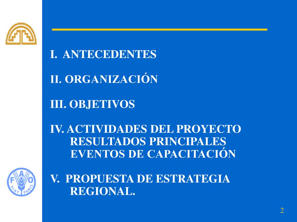 I. ANTECEDENTES II. ORGANIZACIÓN. III. OBJETIVOS. IV. ACTIVIDADES DEL PROYECTO RESULTADOS PRINCIPALES.