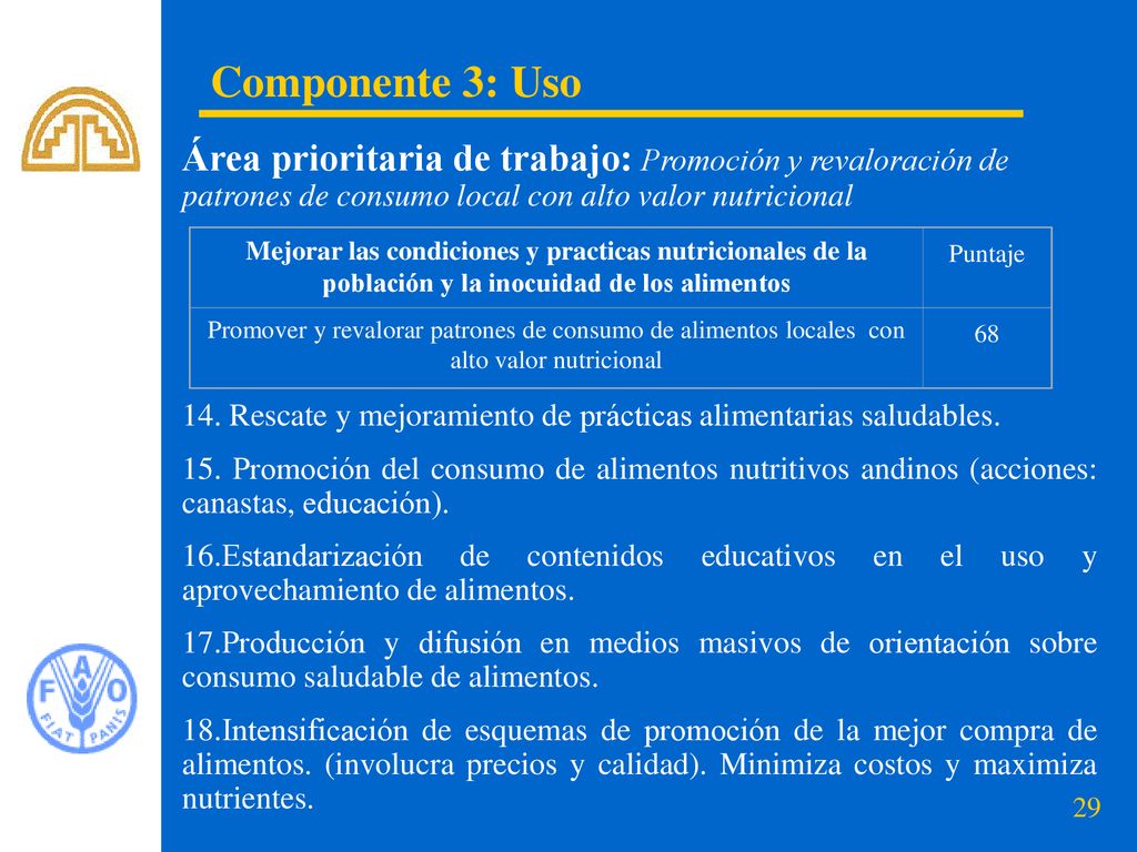 Componente 3: Uso Área prioritaria de trabajo: Promoción y revaloración de patrones de consumo local con alto valor nutricional.