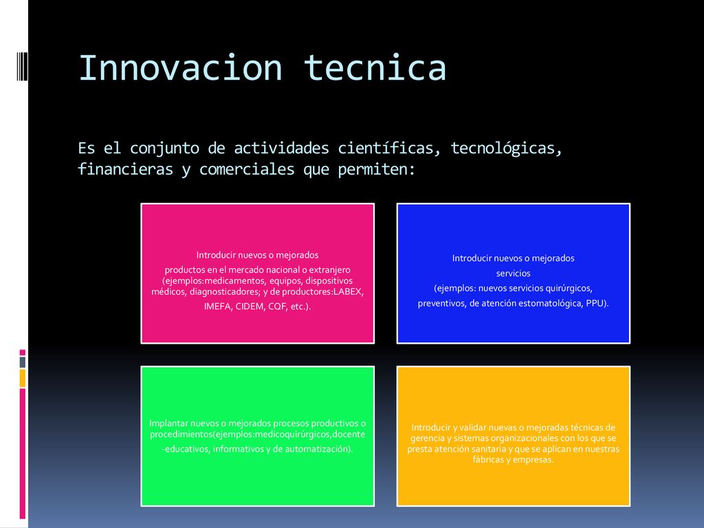 Innovacion tecnica Es el conjunto de actividades científicas, tecnológicas, financieras y comerciales que permiten: