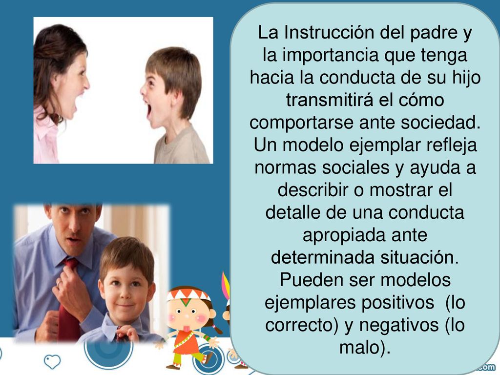 La Instrucción del padre y la importancia que tenga hacia la conducta de su hijo transmitirá el cómo comportarse ante sociedad.