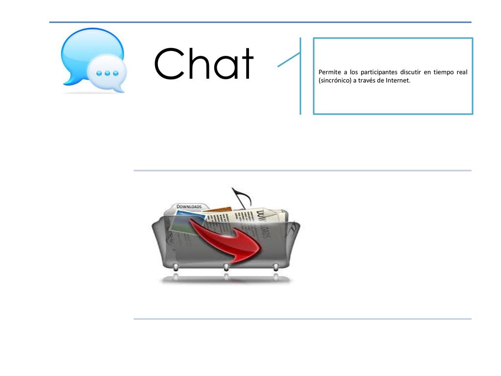 Chat Permite a los participantes discutir en tiempo real (sincrónico) a través de Internet.