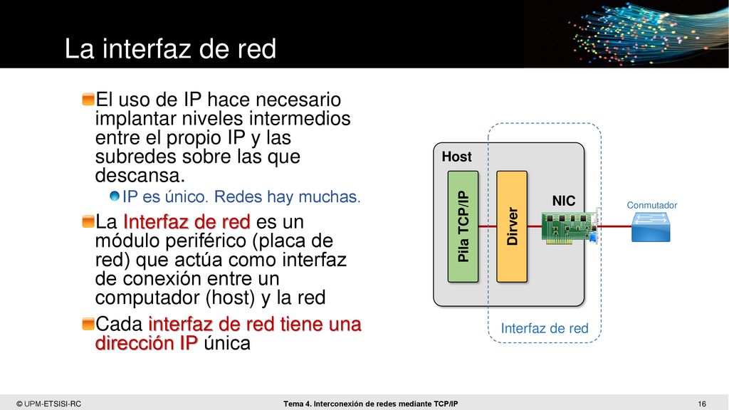 La interfaz de red El uso de IP hace necesario implantar niveles intermedios entre el propio IP y las subredes sobre las que descansa.
