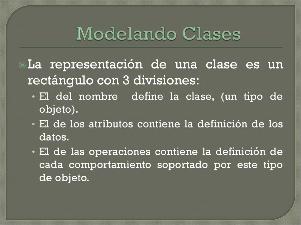Modelando Clases La representación de una clase es un rectángulo con 3 divisiones: El del nombre define la clase, (un tipo de objeto).