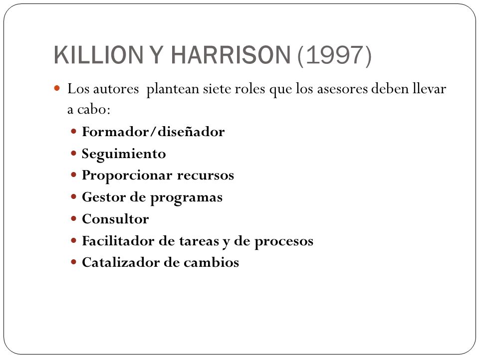 KILLION Y HARRISON (1997) Los autores plantean siete roles que los asesores deben llevar a cabo: Formador/diseñador.