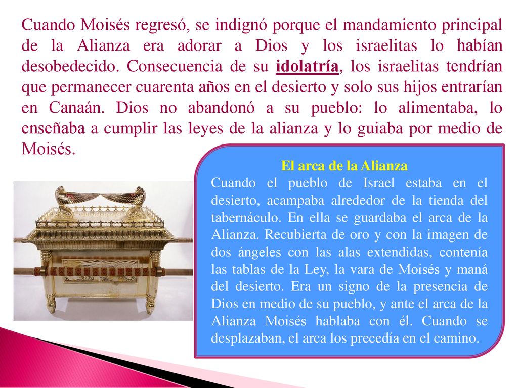 Cuando Moisés regresó, se indignó porque el mandamiento principal de la Alianza era adorar a Dios y los israelitas lo habían desobedecido. Consecuencia de su idolatría, los israelitas tendrían que permanecer cuarenta años en el desierto y solo sus hijos entrarían en Canaán. Dios no abandonó a su pueblo: lo alimentaba, lo enseñaba a cumplir las leyes de la alianza y lo guiaba por medio de Moisés.