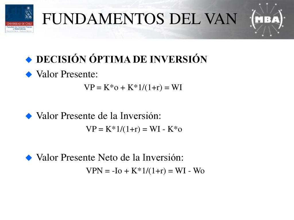 FUNDAMENTOS DEL VAN DECISIÓN ÓPTIMA DE INVERSIÓN Valor Presente: