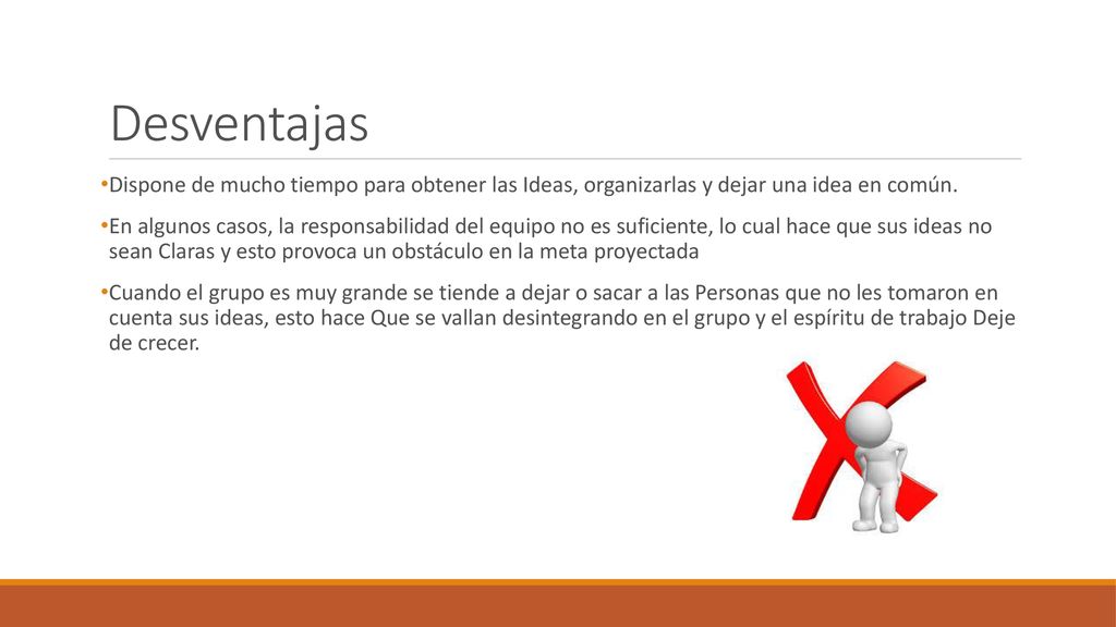 Desventajas Dispone de mucho tiempo para obtener las Ideas, organizarlas y dejar una idea en común.