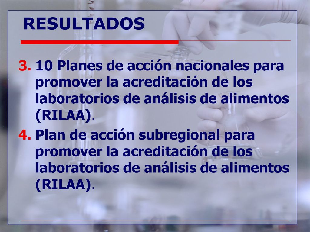 9/13/2018 RESULTADOS. 10 Planes de acción nacionales para promover la acreditación de los laboratorios de análisis de alimentos (RILAA).