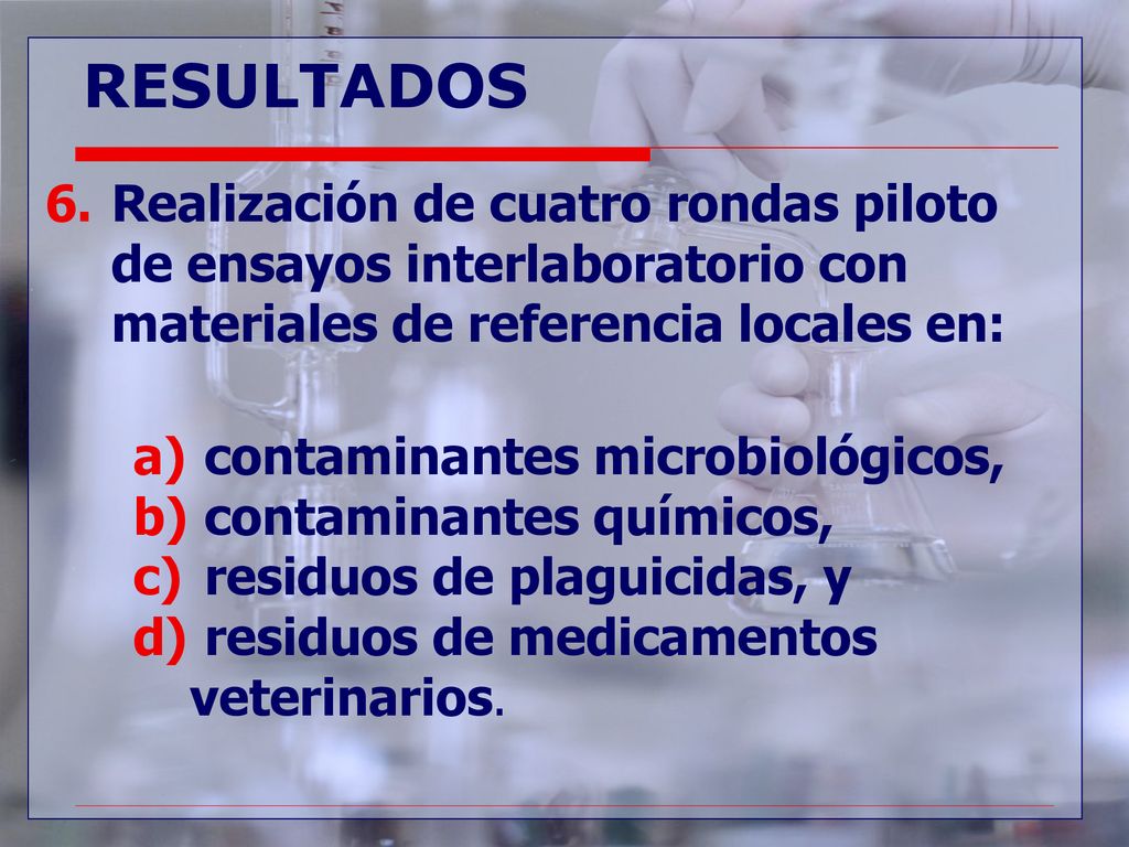 9/13/2018 RESULTADOS. Realización de cuatro rondas piloto de ensayos interlaboratorio con materiales de referencia locales en: