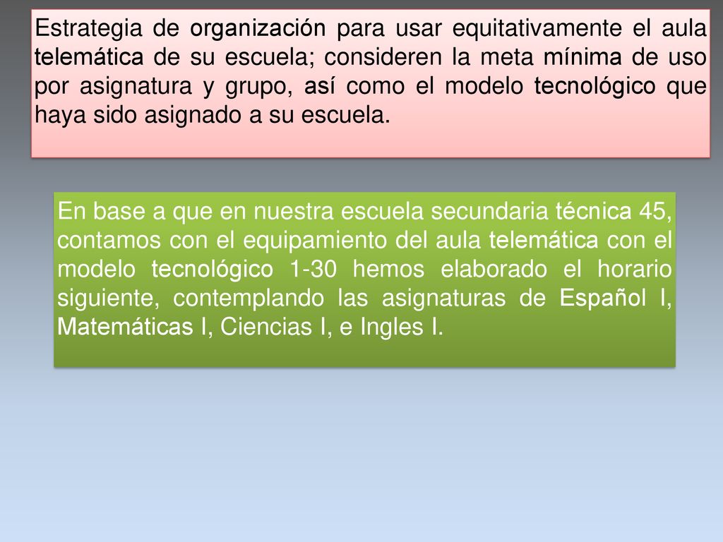 Estrategia de organización para usar equitativamente el aula telemática de su escuela; consideren la meta mínima de uso por asignatura y grupo, así como el modelo tecnológico que haya sido asignado a su escuela.