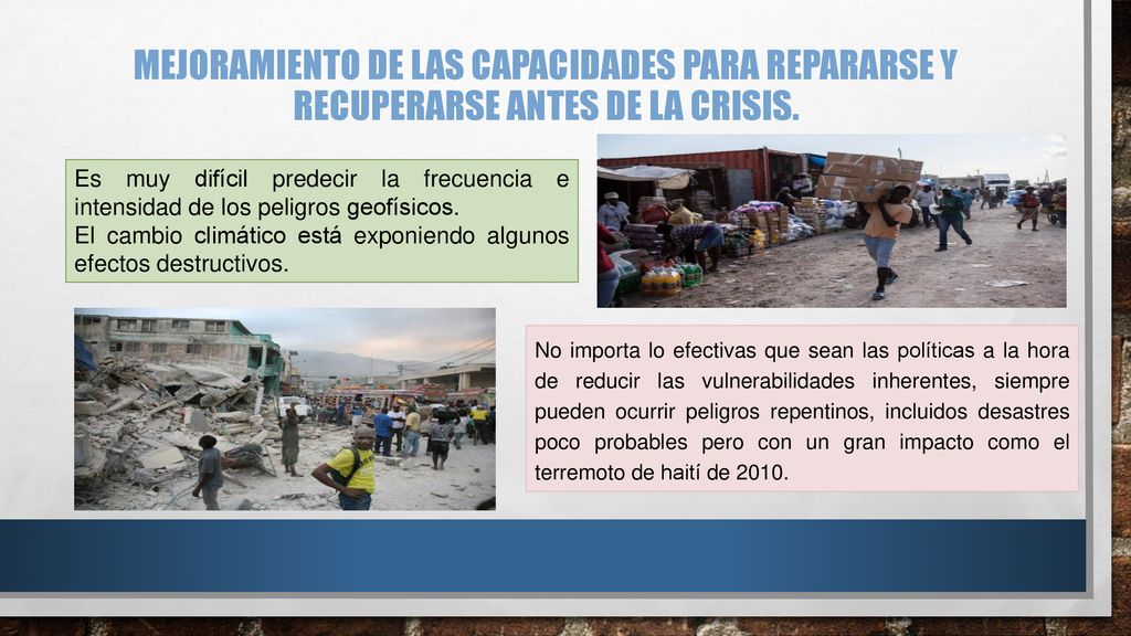 Mejoramiento de las capacidades para repararse y recuperarse antes de la crisis.