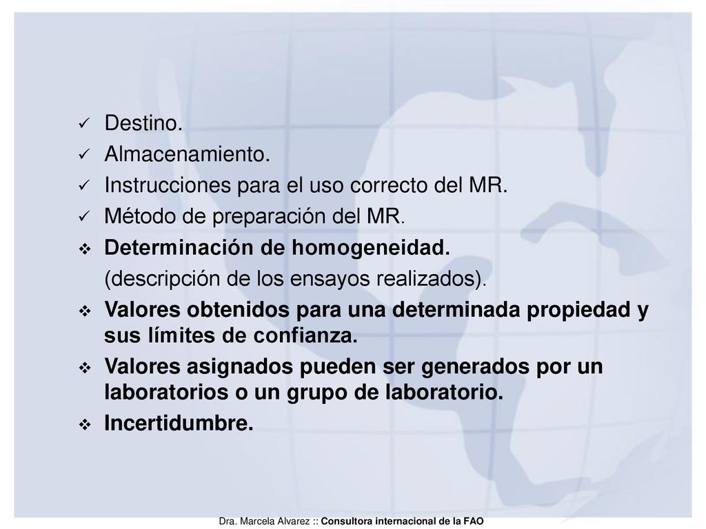 Destino. Almacenamiento. Instrucciones para el uso correcto del MR. Método de preparación del MR.